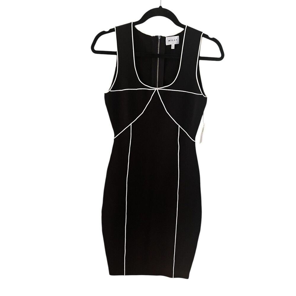 Milly Black White Trim Pencil Dress Ribbed Stretch Size Small NWT - Picture 2 of 10